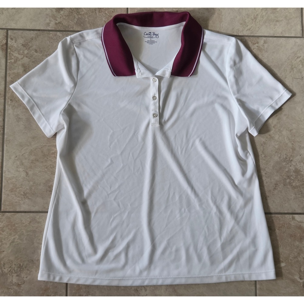 Coral Bay Golf Womens Large Polo Shirt White Maroon Collar Short Sleeve